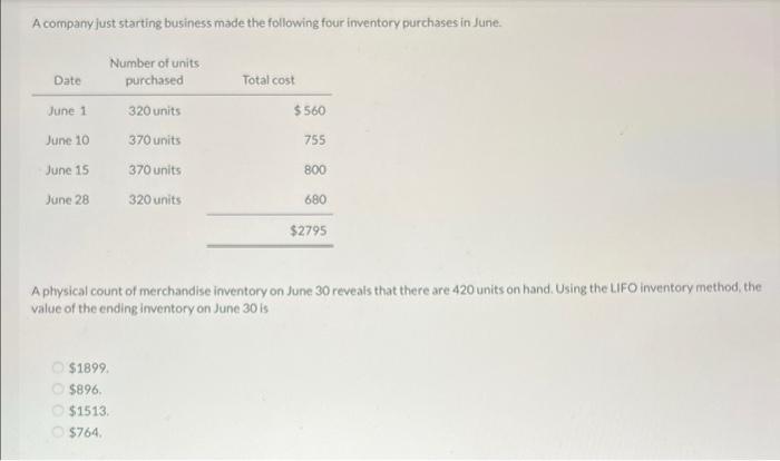 A Company Just Starting Business Made The Following Four Inventory Purchases In June Date Total Cost June 1 560 Numbe 1