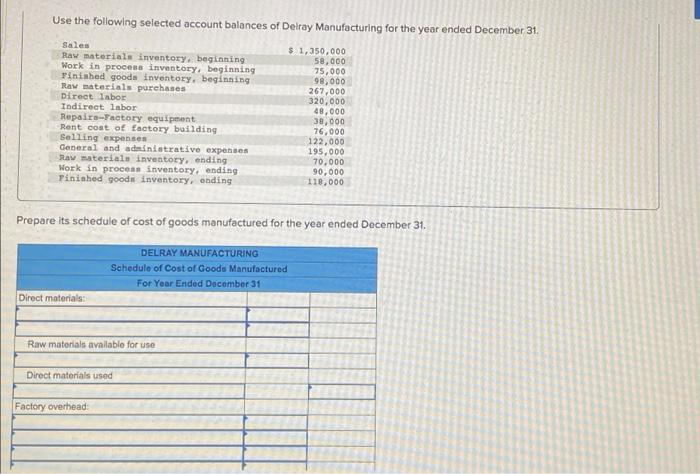 Use The Following Selected Account Balances Of Delray Manufacturing For The Year Ended December 31 Sales Raw Materials 1
