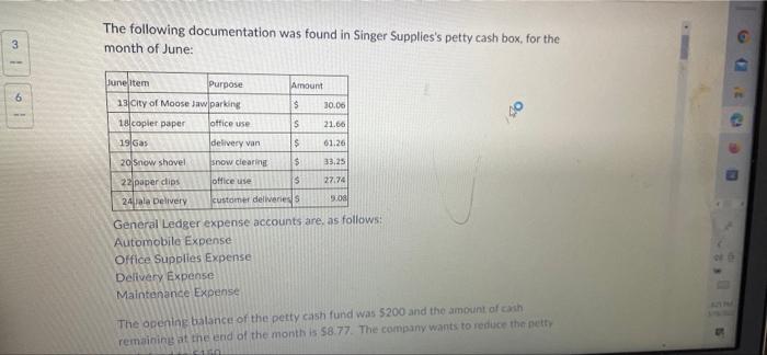The Following Documentation Was Found In Singer Supplies S Petty Cash Box For The Month Of June 3 Amount 6 2 30 06 9 1