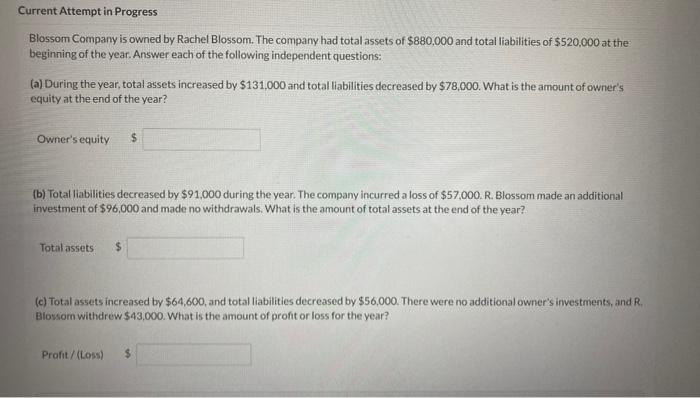 Current Attempt In Progress Blossom Company Is Owned By Rachel Blossom The Company Had Total Assets Of 880 000 And Tot 1