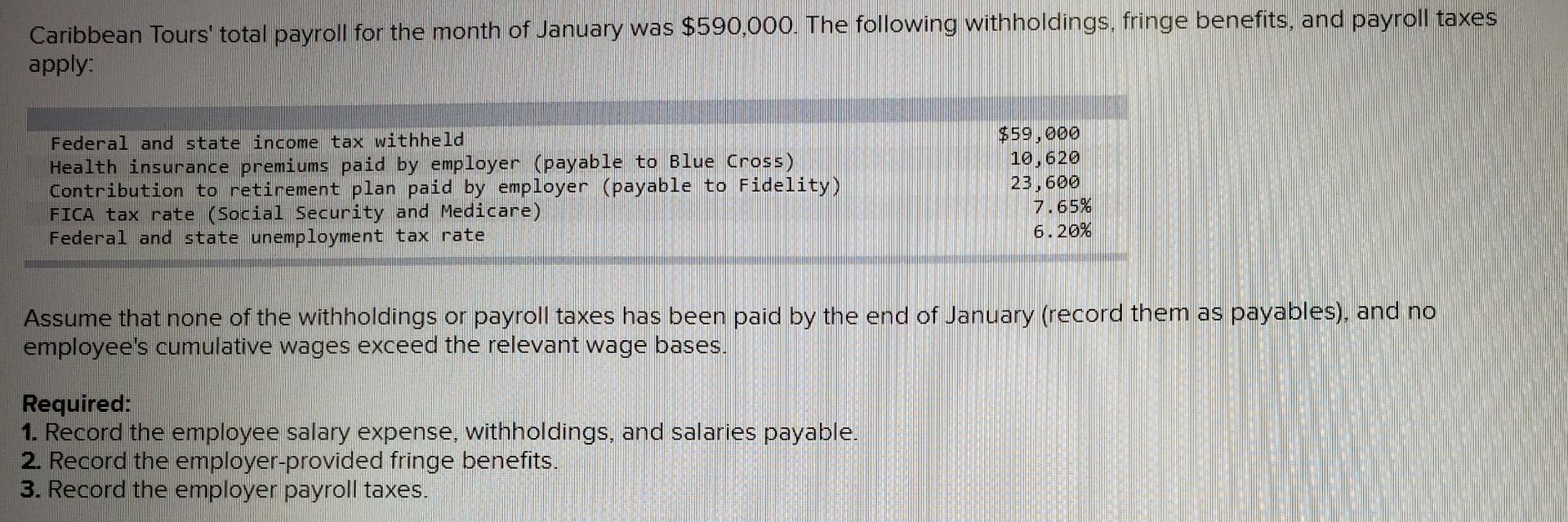 Caribbean Tours Total Payroll For The Month Of January Was 590 000 The Following Withholdings Fringe Benefits And P 1