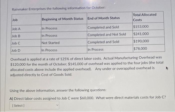 Rainmaker Enterprises The Following Information For October Job Beginning Of Month Status Total Allocated Costs End Of 1