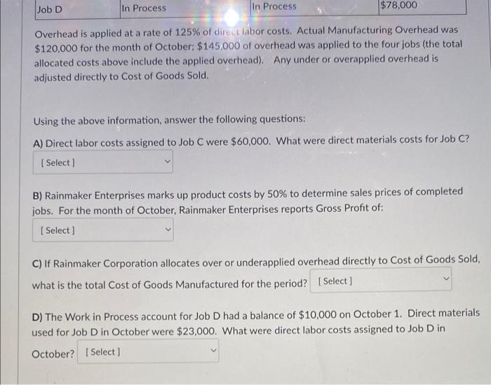 Rainmaker Enterprises The Following Information For October Job Beginning Of Month Status Total Allocated Costs End Of 2