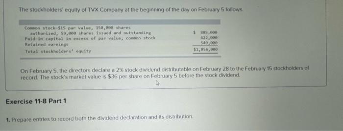The Stockholders Equity Of Tvx Company At The Beginning Of The Day On February 5 Follows Common Stock 15 Par Value 1 1