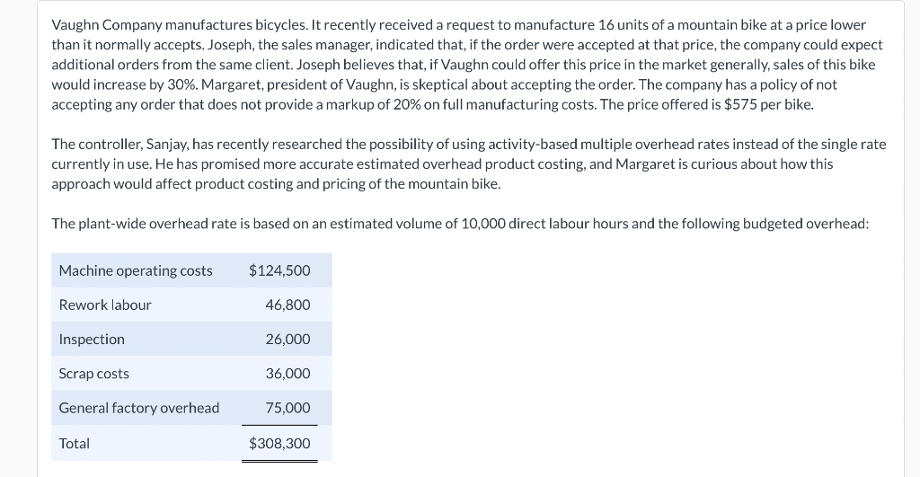 Vaughn Company Manufactures Bicycles It Recently Received A Request To Manufacture 16 Units Of A Mountain Bike At A Pri 1