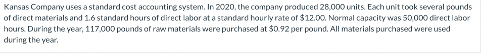 Kansas Company Uses A Standard Cost Accounting System In 2020 The Company Produced 28 000 Units Each Unit Took Severa 1