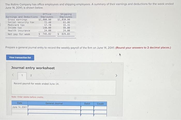 The Rollins Company Has Office Employees And Shipping Employees A Summary Of Their Earnings And Deductions For The Week 1