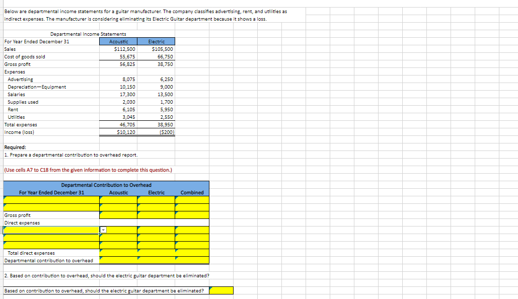 Below Are Departmental Income Statements For A Guitar Manufacturer The Company Classifies Advertising Rent And Utilit 1