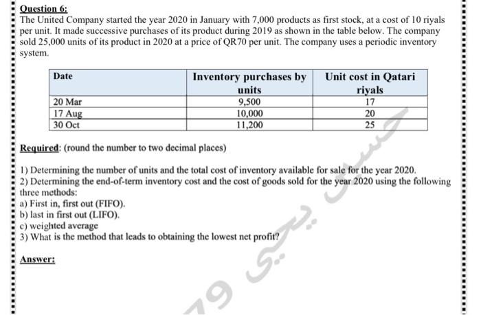 Question 6 The United Company Started The Year 2020 In January With 7 000 Products As First Stock At A Cost Of 10 Riya 1