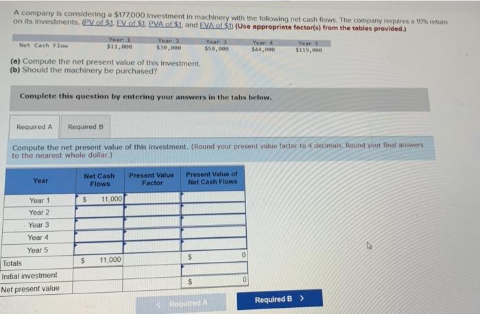 A Company Is Considering A 177 000 Investment In Machinery With The Following Net Cash Flows The Company Requires A 10 1