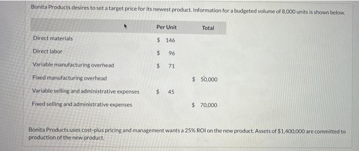 Bonita Products Desires To Set A Target Price For Its Newest Product Information For A Budgeted Volume Of 8 000 Units I 1