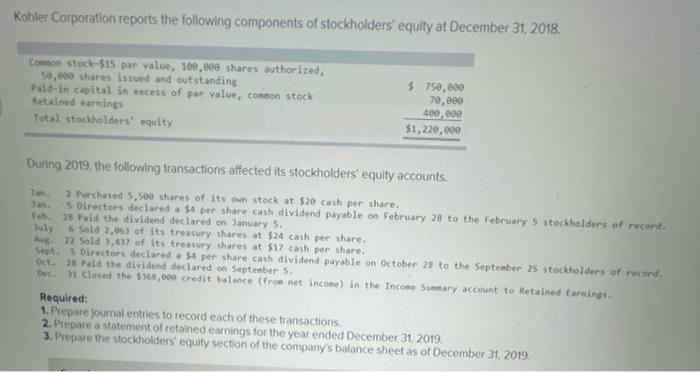 Kohler Corporation Reports The Following Components Of Stockholders Equity At December 31 2018 Common Stock 515 Par Va 1