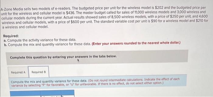 A Zone Media Sells Two Models Of E Readers The Budgeted Price Per Unit For The Wireless Model Is 202 And The Budgeted 1