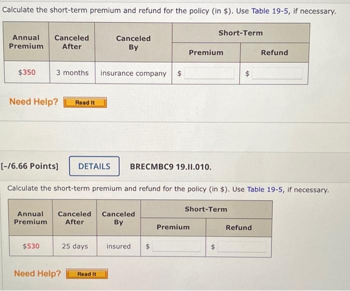 Calculate The Short Term Premium And Refund For The Policy In Use Table 19 5 If Necessary Short Term Annual Premi 1
