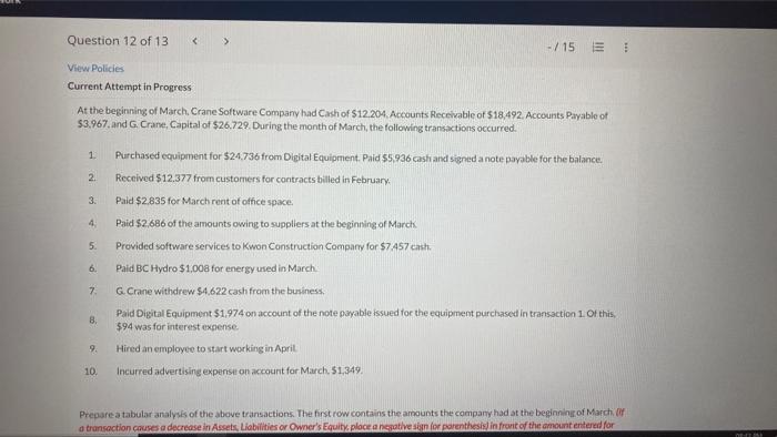 Question 12 Of 13 15 View Policies Current Attempt In Progress At The Beginning Of March Crane Software Company H 1