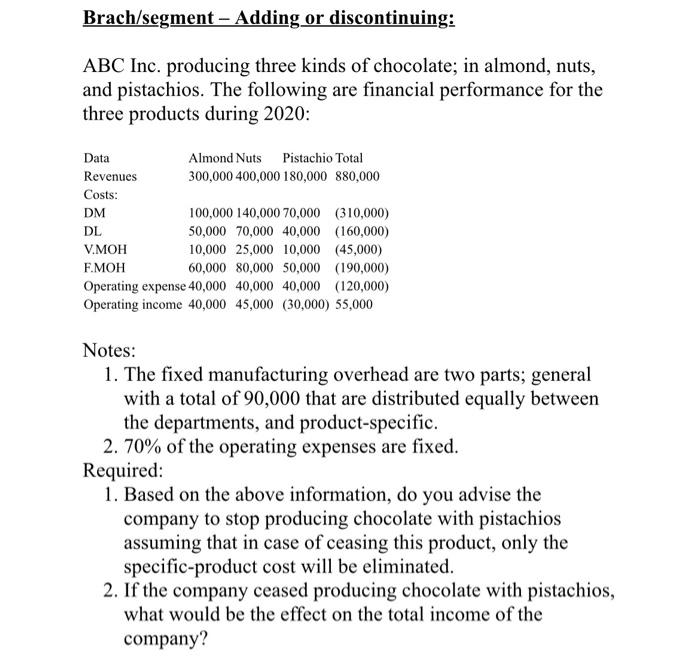 Brach Segment Adding Or Discontinuing Abc Inc Producing Three Kinds Of Chocolate In Almond Nuts And Pistachios T 1