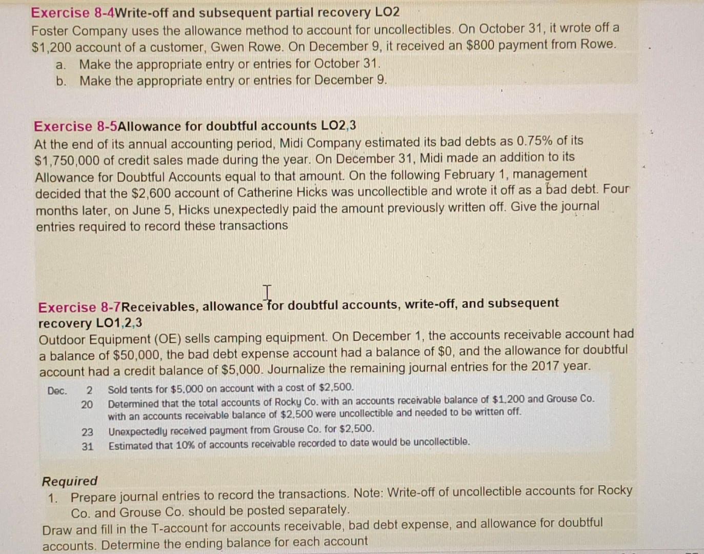 Exercise 8 4write Off And Subsequent Partial Recovery Lo2 Foster Company Uses The Allowance Method To Account For Uncoll 1