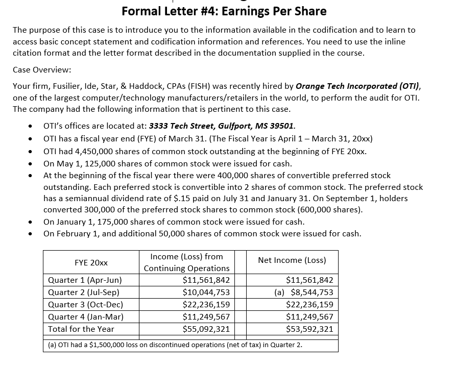 Formal Letter 4 Earnings Per Share The Purpose Of This Case Is To Introduce You To The Information Available In The Co 1