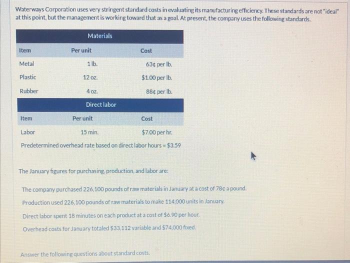 Waterways Corporation Uses Very Stringent Standard Costs In Evaluating Its Manufacturing Efficiency These Standards Are 1