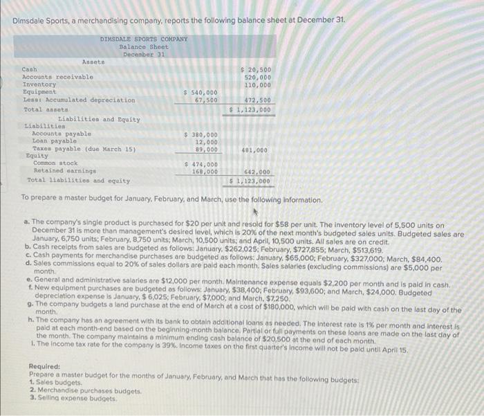 Dimsdale Sports A Merchandising Company Reports The Following Balance Sheet At December 31 Dimsdale Sports Company Bal 1
