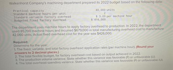 Walkenhorst Company S Machining Department Prepared Its 2022 Budget Based On The Following Data Practical Capacity 40 0 1