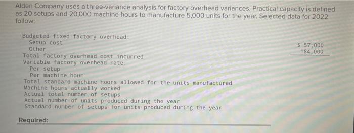 Alden Company Uses A Three Variance Analysis For Factory Overhead Variances Practical Capacity Is Defined As 20 Setups 1