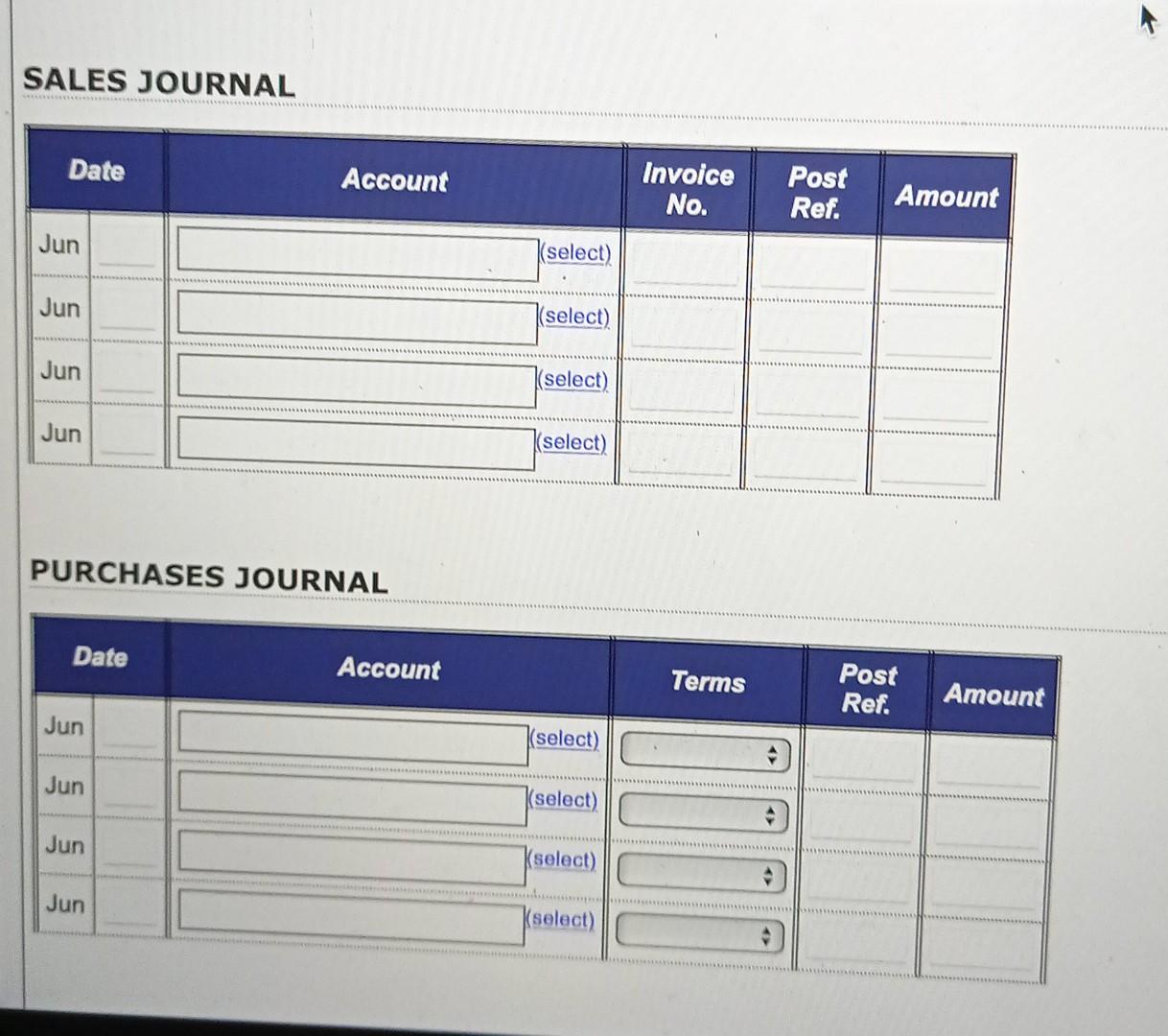 Sales Journal Date Account Invoice No Post Ref Amount Jun Select Jun Select Jun Select Jun Select Purchases Jo 1