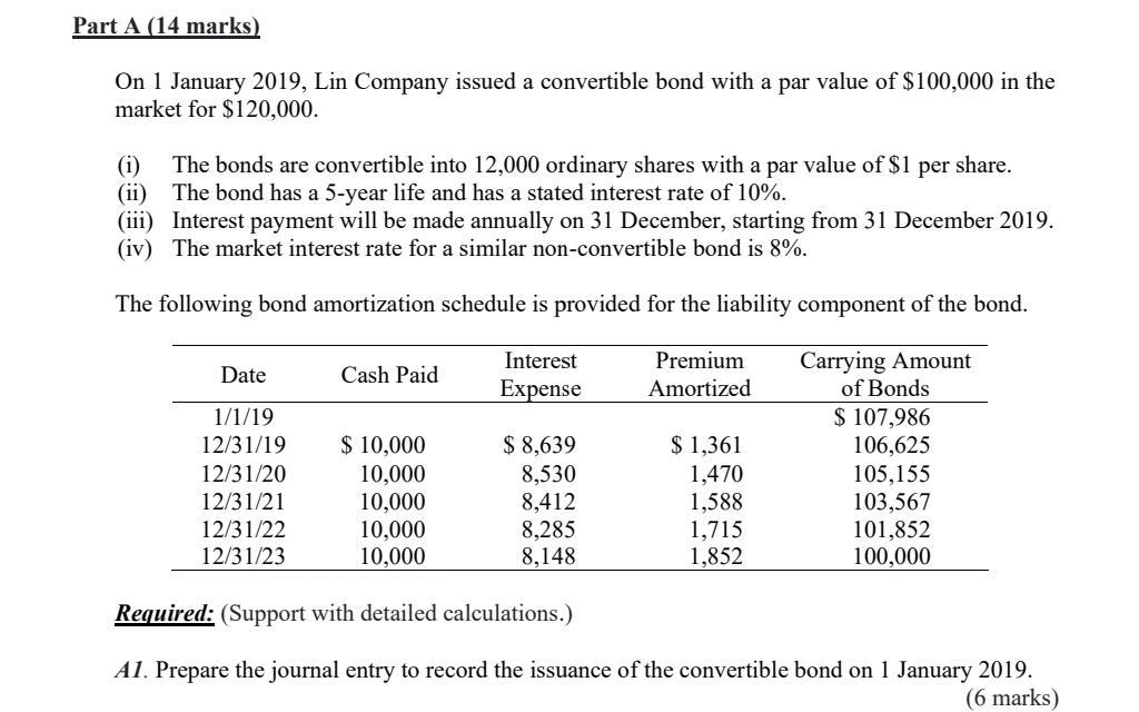 Part A 14 Marks On 1 January 2019 Lin Company Issued A Convertible Bond With A Par Value Of 100 000 In The Market Fo 1