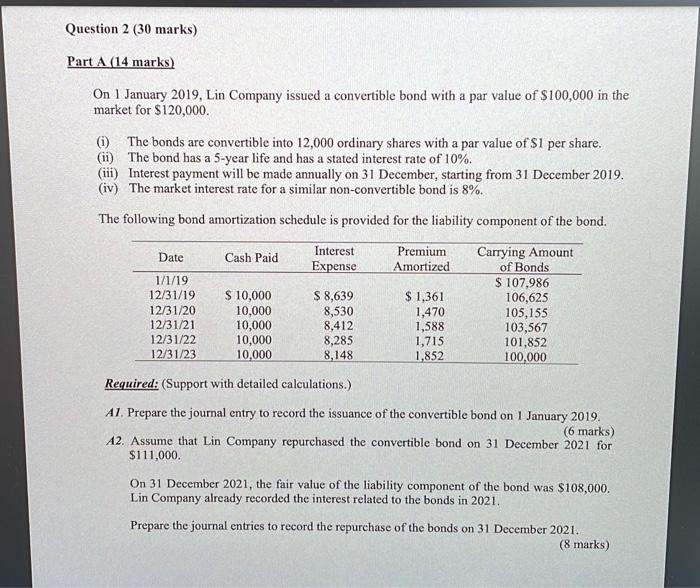 Question 2 30 Marks Part A 14 Marks On 1 January 2019 Lin Company Issued A Convertible Bond With A Par Value Of 10 1