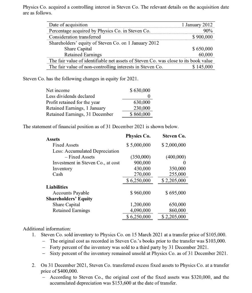 Physics Co Acquired A Controlling Interest In Steven Co The Relevant Details On The Acquisition Date Are As Follows D 1