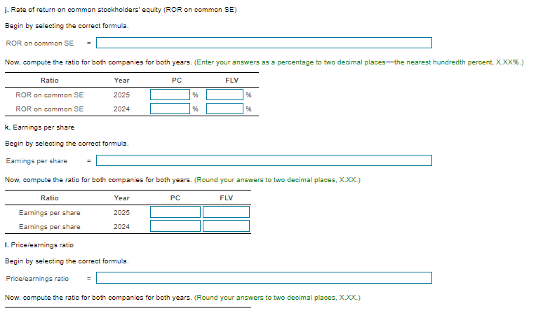 J Rate Of Return On Common Stockholders Equity Ror On Common Se Begin By Selecting The Correct Formula Ror On Common 1