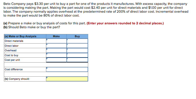 Beto Company Pays 3 30 Per Unit To Buy A Part For One Of The Products It Manufactures With Excess Capacity The Compan 1