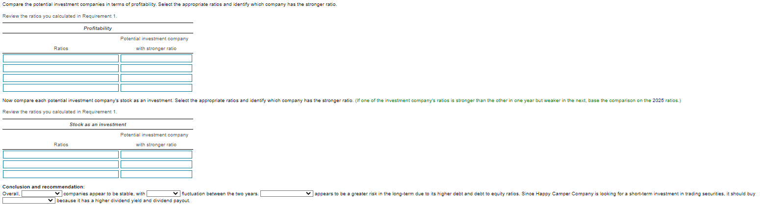 Compare The Potential Investment Companies In Terms Of Profitability Select The Appropriate Ratios And Identify Which C 1
