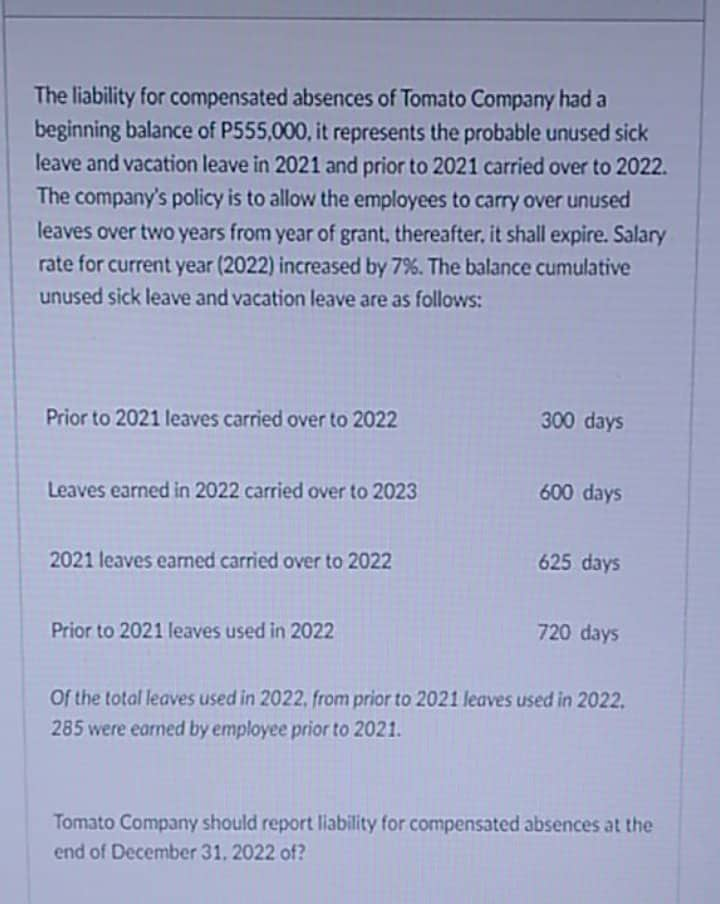 The Liability For Compensated Absences Of Tomato Company Had A Beginning Balance Of P555 000 It Represents The Probable 1