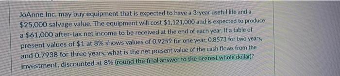 Joanne Inc May Buy Equipment That Is Expected To Have A 3 Year Useful Life And A 25 000 Salvage Value The Equipment W 1
