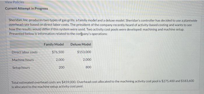 View Policies Current Attempt In Progress Sheridan Inc Produces Two Types Of Gas Grills A Family Model And A Deluxe M 1