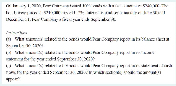 On January 1 2020 Pear Company Issued 10 Bonds With A Face Amount Of 240 000 The Bonds Were Priced At 210 000 To Y 1