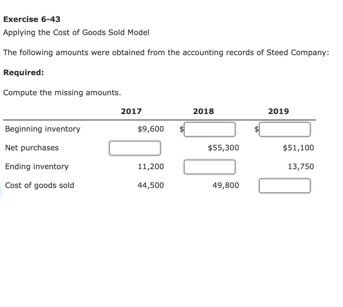 Exercise 6 43 Applying The Cost Of Goods Sold Model The Following Amounts Were Obtained From The Accounting Records Of S 1