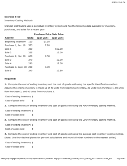 Exercise 6 50 Inventory Costing Methods Crandal Distributors Uses A Perpetual Inventory System And Has The Following Dat 1