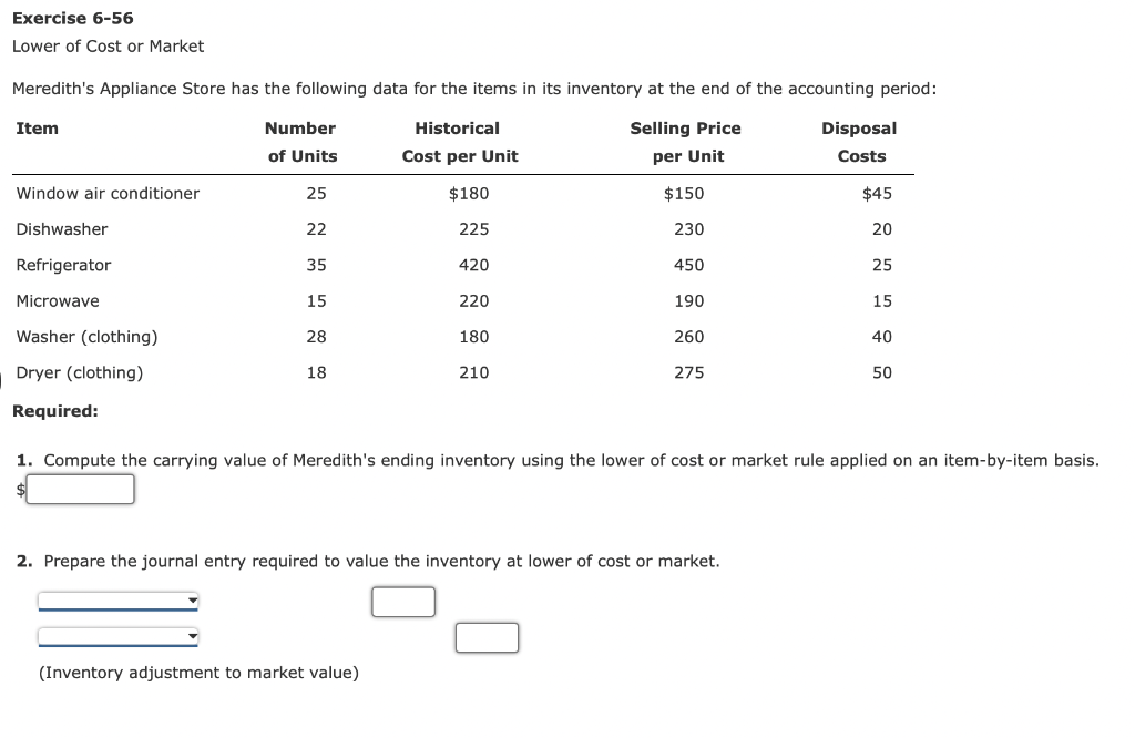 Exercise 6 56 Lower Of Cost Or Market Meredith S Appliance Store Has The Following Data For The Items In Its Inventory A 1