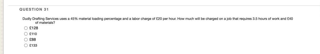 Question 31 Dudly Drafting Services Uses A 45 Material Loading Percentage And A Labor Charge Of 20 Per Hour How Much 1