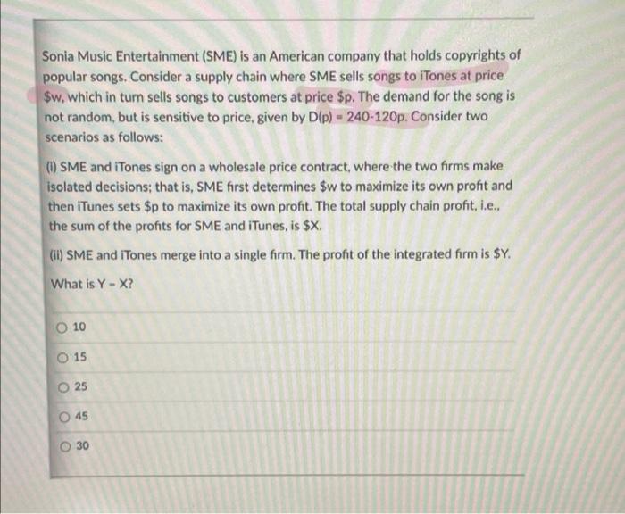 Sonia Music Entertainment Sme Is An American Company That Holds Copyrights Of Popular Songs Consider A Supply Chain W 1