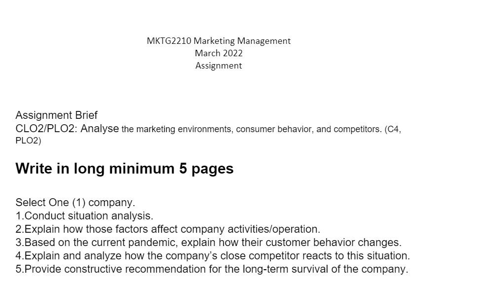 Mktg2210 Marketing Management March 2022 Assignment Assignment Brief Clo2 Plo2 Analyse The Marketing Environments Cons 1