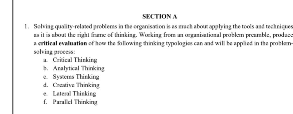 Section A 1 Solving Quality Related Problems In The Organisation Is As Much About Applying The Tools And Techniques As 1