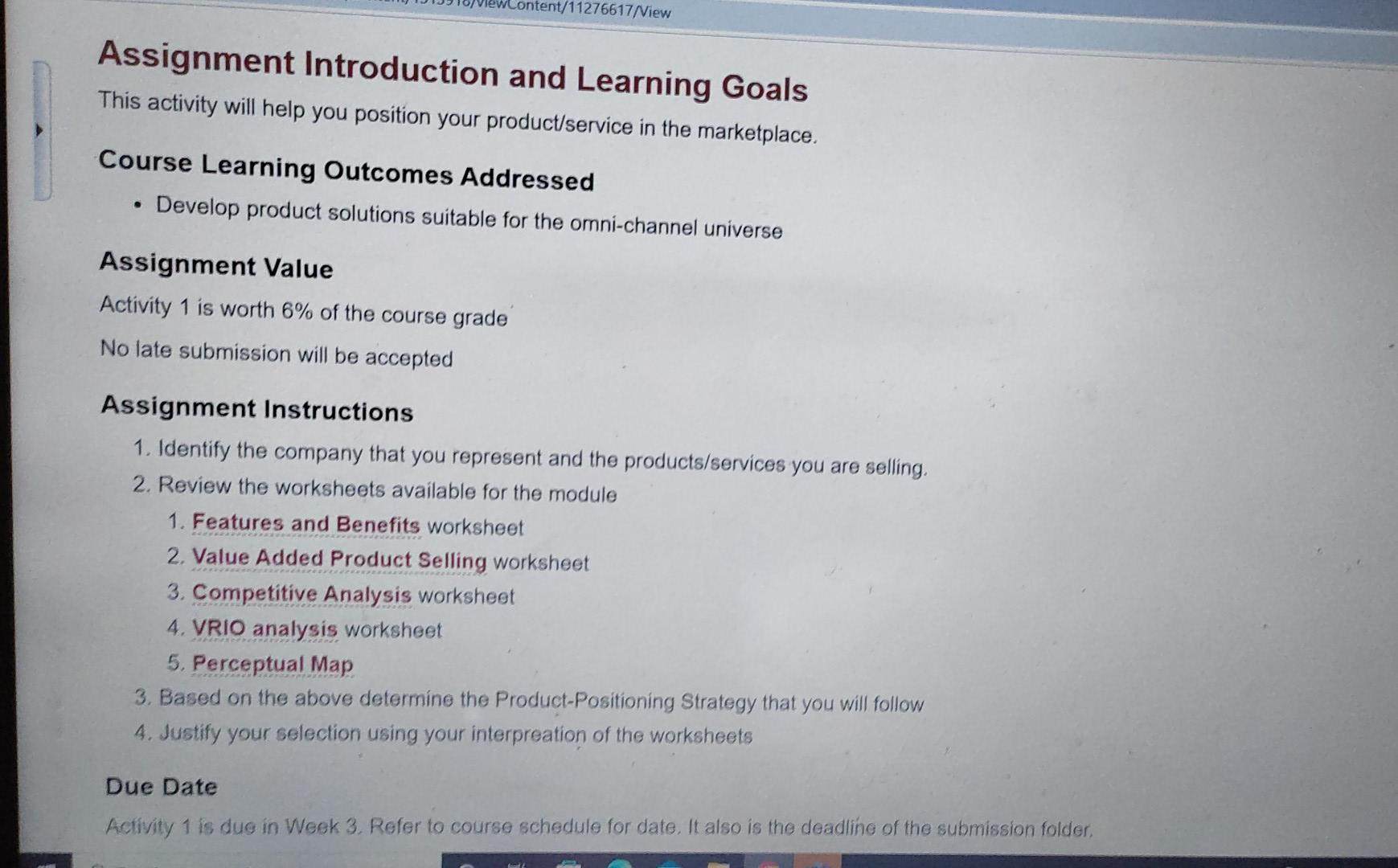 Content 11276617niew Assignment Introduction And Learning Goals This Activity Will Help You Position Your Product Servic 1