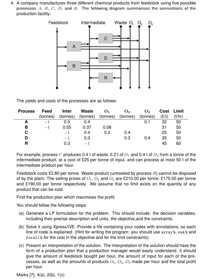 4 A Company Manufactures Three Different Chemical Products From Feedstock Using Five Possible Processes A B C D And 1
