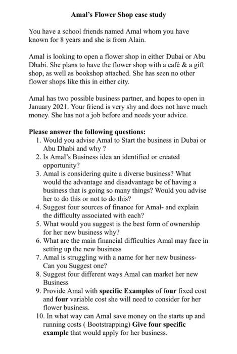 Amal S Flower Shop Case Study You Have A School Friends Named Amal Whom You Have Known For 8 Years And She Is From Alain 1