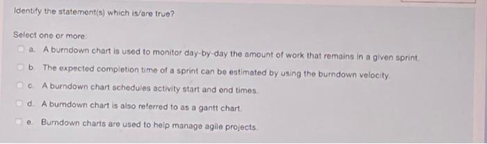 Identify The Statement S Which Is Are True Select One Or More A A Burndown Chart Is Used To Monitor Day By Day The Amo 1
