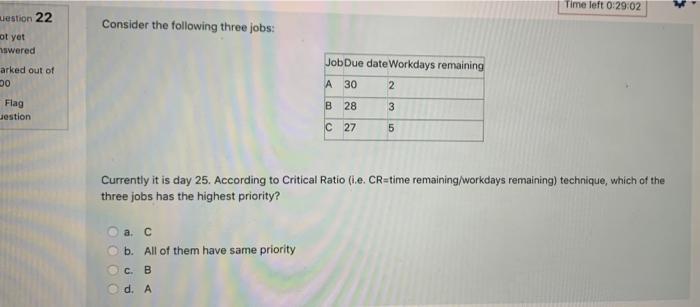 Time Left 0 29 02 Consider The Following Three Jobs Uestion 22 Ot Yet Swered Job Due Date Workdays Remaining Arked Out 1
