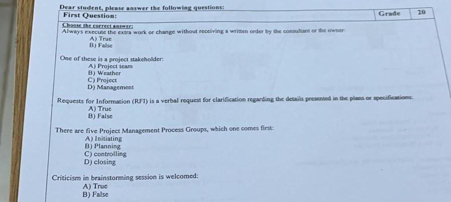 20 Dear Student Please Answer The Following Questions First Question Grade Choose The Correct Answer Always Execute T 1